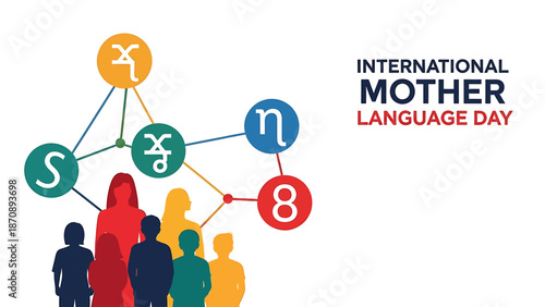 Illustration celebrating International Mother Language Day with diverse people silhouettes and interconnected circles representing various languages and scripts.