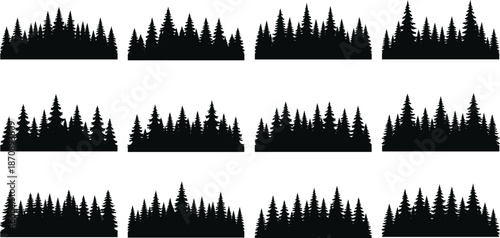 Forest tree silhouettes set, pine woodland landscape borders, nature evergreen skyline, black vector illustration collection isolated
