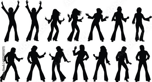 Disco dance silhouettes collection, retro dancing people poses, 1970s party style figures, black vector illustration set isolated