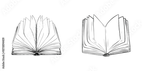 Two open books with many pages showing detailed sketch drawings of reading