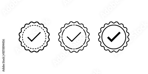 Certified approved checkmark icons set verification guarantee seal badge quality control symbols.