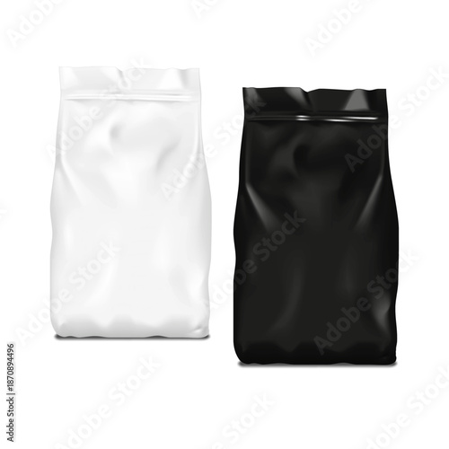 Plastic, paper or foil bag with zip lock front view. Black and white. Realistic vector mockup. Zipper pouch package. Mock-up. Retail product blank resealable package. Template for design