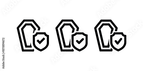 Funeral insurance protection concept with coffin and verified shield line art icon set