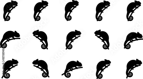 Chameleon silhouette vector illustration set, climbing lizard poses collection, black reptile icons for wildlife design, nature branding, patterns, education, decor