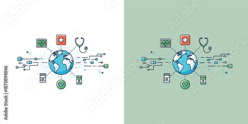 Global Healthcare Illustration Featuring Medical Symbols and Technology Around the World
