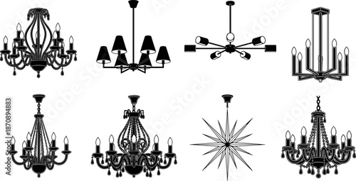 Chandelier lighting silhouettes collection, classic and modern ceiling lamp designs vector illustration, elegant interior decor fixtures, luxury home lighting elements, black and white artwork