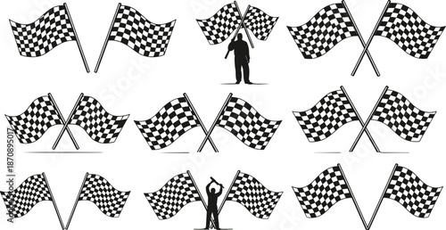 Checkered racing flags vector set, motorsport finish line symbols with waving crossed flags and marshal silhouette illustration for racing events, speed competition design