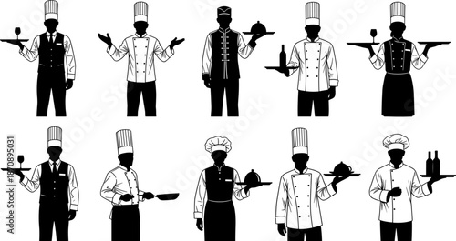 Chef and waiter silhouettes collection, professional restaurant staff serving food and drinks with trays, hospitality uniform poses, black vector illustration isolated on white background