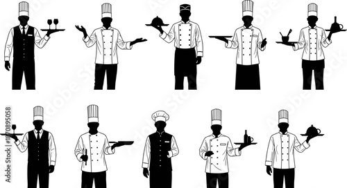 Chef and waiter silhouettes set, professional restaurant staff holding trays and serving food, hospitality uniforms, black vector illustration isolated on white background