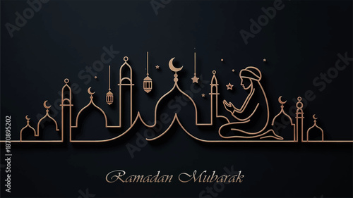 Luxury Islamic Rose Gold Line Art Illustration on Deep Black Background Ramadan Eid
