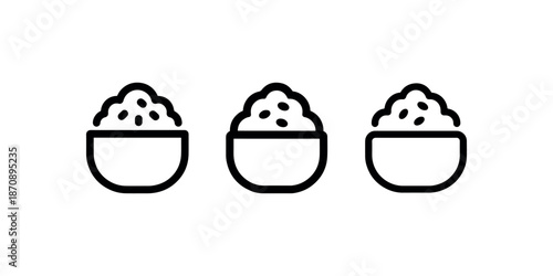 Rice bowl outline icons depicting steaming grains for asian cuisine and healthy meal plans