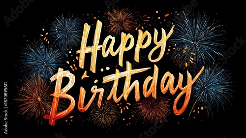 Happy Birthday Text with Fireworks on Black Background for Celebrations