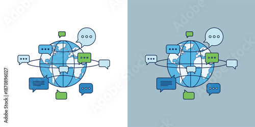 Global Communication Network Illustration Featuring Speech Bubbles and Messaging Icons