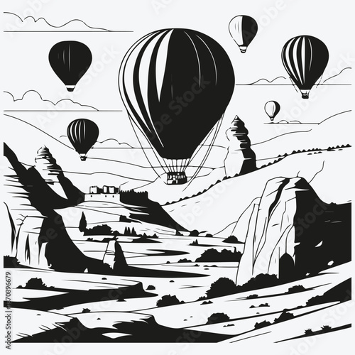 Cappadocia landscapes with hot air balloons sketch illustration vector