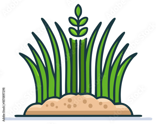 Lush green grass and central plant shoot growing from earth mound detailed illustration