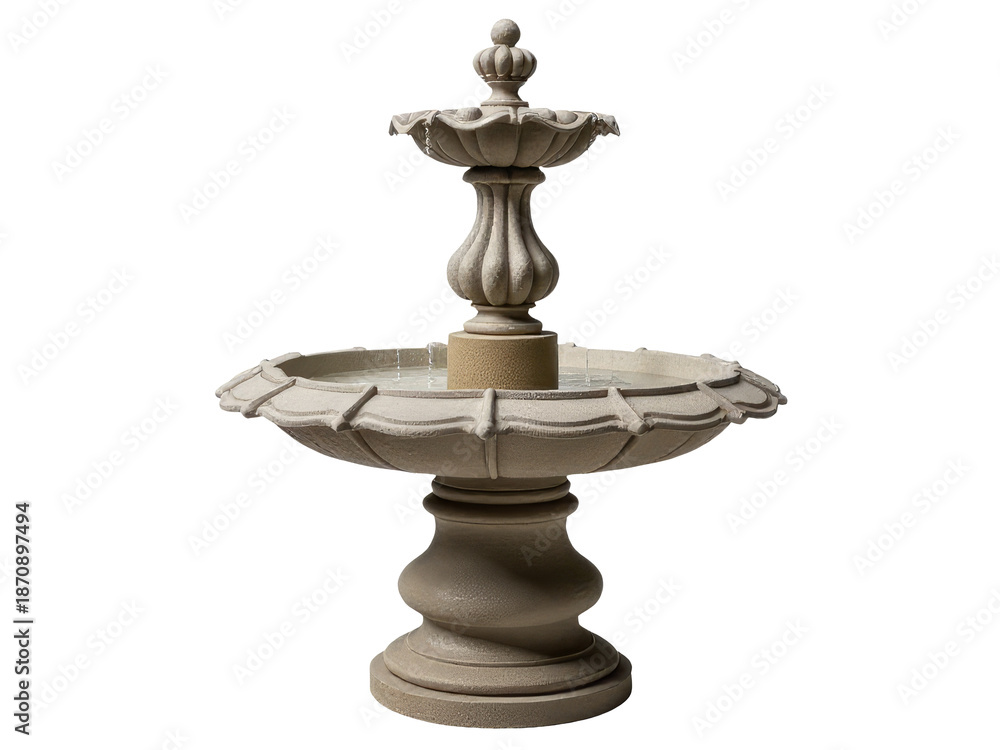 Fototapeta premium A decorative fountain with a bird sitting on top, surrounded by lush greenery