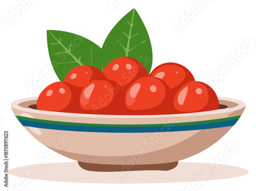 Bowl of ripe red tomatoes with green leaves illustration