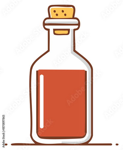 Hand drawn glass bottle filled with reddish liquid and cork stopper