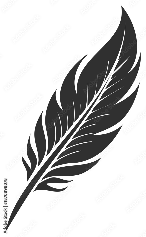 Fototapeta premium Single dark stylized quill feather detailed design isolated on white background