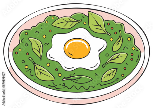 Vibrant cartoon green meal with a sunny side up egg and fresh herbs illustration