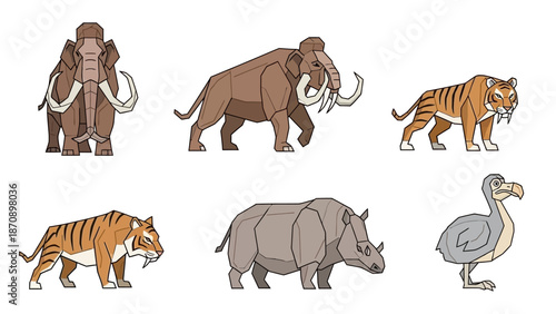 Extinct Animals Collection: Mammoth, Saber-tooth Tiger, Rhino, Dodo Bird