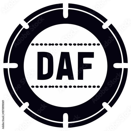 Abstract circular graphic featuring bold uppercase text surrounded by geometric elements