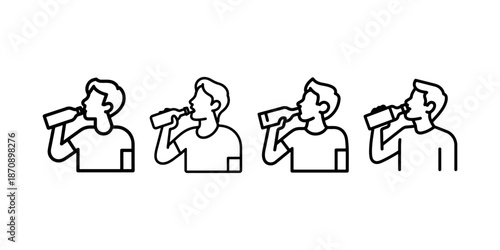 Four different outline icons showing young man drinking from bottle thirsty people hydration refreshment beverage