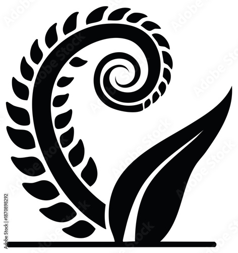 Stylized Black Fern Frond Spiral Symbol Nature Organic Growth Decorative Element