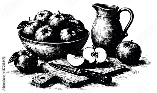 Hand drawn line art food still life set featuring a bowl of whole and sliced apples, a pitcher, a cutting board, and a knife for culinary themes