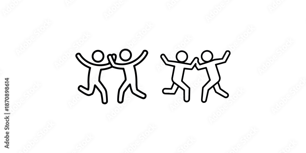 Fototapeta premium Celebration line icons of happy people dancing jumping together in joy and success concept
