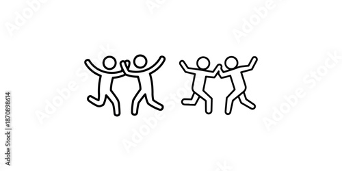 Celebration line icons of happy people dancing jumping together in joy and success concept