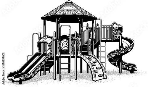 Children playground equipment vector illustration, outdoor park play structure with slides ladders and tunnels, kids play area silhouette design, isolated on white