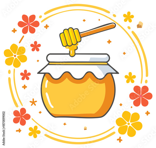 Cute cartoon honey jar with a dripping honey dipper stick surrounded by flowers and swirls