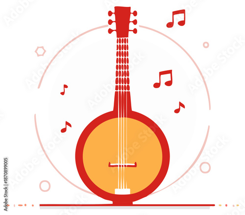 Whimsical Banjo Illustration with Musical Notes, Classic Folk Instrument