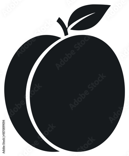 Minimalist black fruit icon resembling a peach or apricot with a leaf and stem.