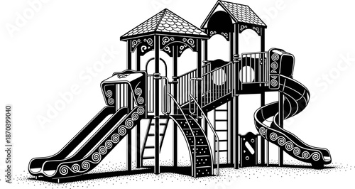Children playground vector illustration, outdoor play structure with slides ladders and platforms, black silhouette park equipment design isolated on white background