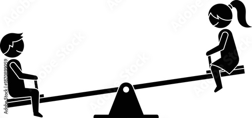 Children playing on seesaw silhouette vector illustration, boy and girl balance concept for teamwork, equality, childhood fun playground activity iconChildren playing on seesaw silhouette vector 