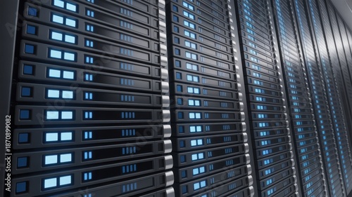A close-up of a server room featuring rows of server units, showcasing the technology and data storage
