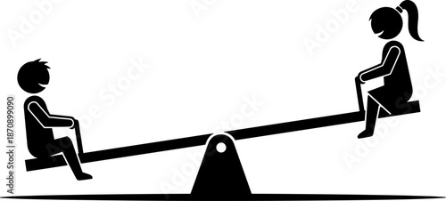 Children playing seesaw silhouette illustration, balance and weight concept, playground equipment, childhood fun, cooperation and inequality metaphor, simple black vector icon
