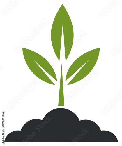 Vibrant green plant sprout with three leaves growing from dark soil mound, symbolizing new life and nature