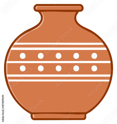 Traditional brown earthenware pot with decorative white stripes and dot pattern simple illustration