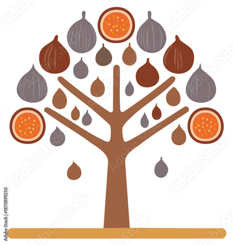 Stylized fruit tree with figs and passion fruits in muted colors and flat design