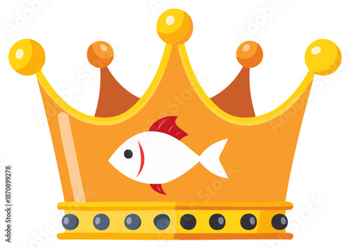 Regal golden crown adorned with a prominent white fish emblem symbol illustration