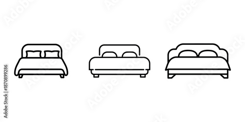 Front view icons of three distinct modern bed styles featuring headboards and pillows