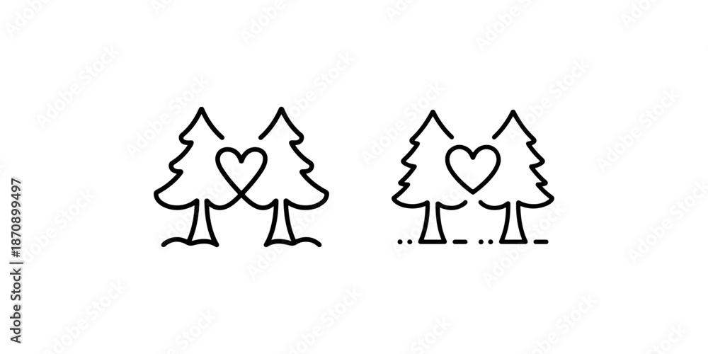 Fototapeta premium Two conifer trees intertwined forming a romantic heart shape symbol of love in nature icon set