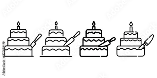 Celebration cake icons three tiered pastry with a lit candle and a knife cutting dessert pastry
