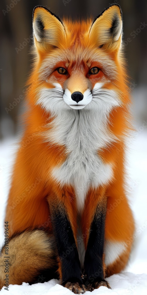 Fototapeta premium A Beautiful Red Fox Sitting Gracefully in a Snowy Landscape, Showcasing Its Thick Fur and Full Tail