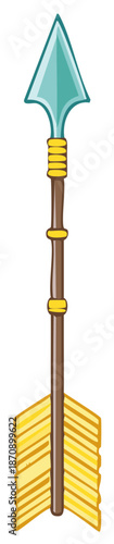 Illustrative turquoise tipped arrow with golden feathered fletching and wooden shaft