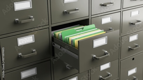 Organized filing cabinet drawer with colorful files inside
