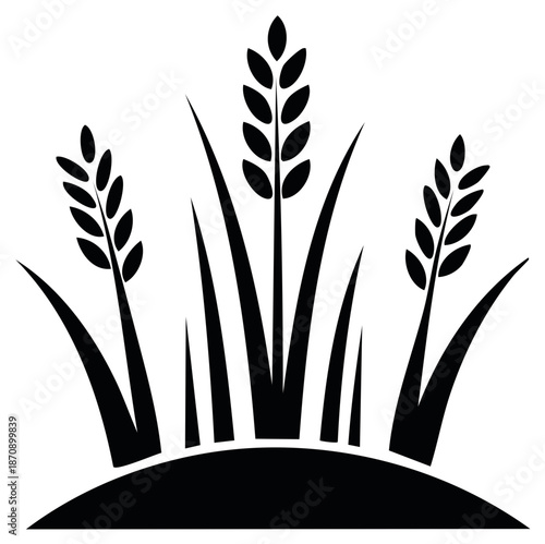 Graphic silhouette of grain stalks emerging from a field; wheat, rye, barley, or oat plants in black and white